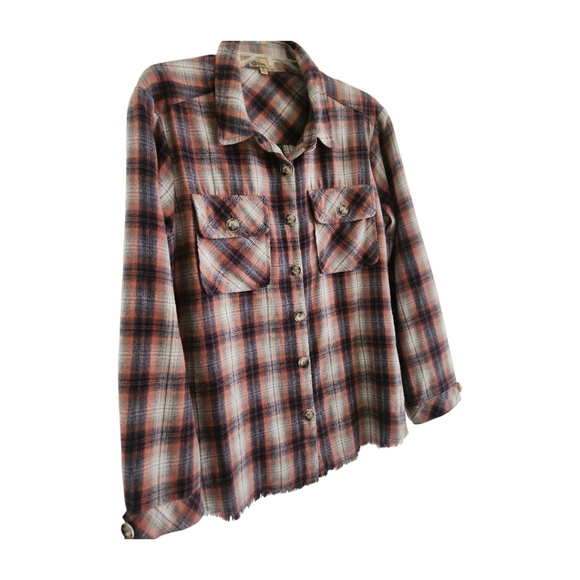 Plaid Flannel Shirt L Democracy Jacket Button Up Top Relaxed Fit Pockets - Picture 6 of 10